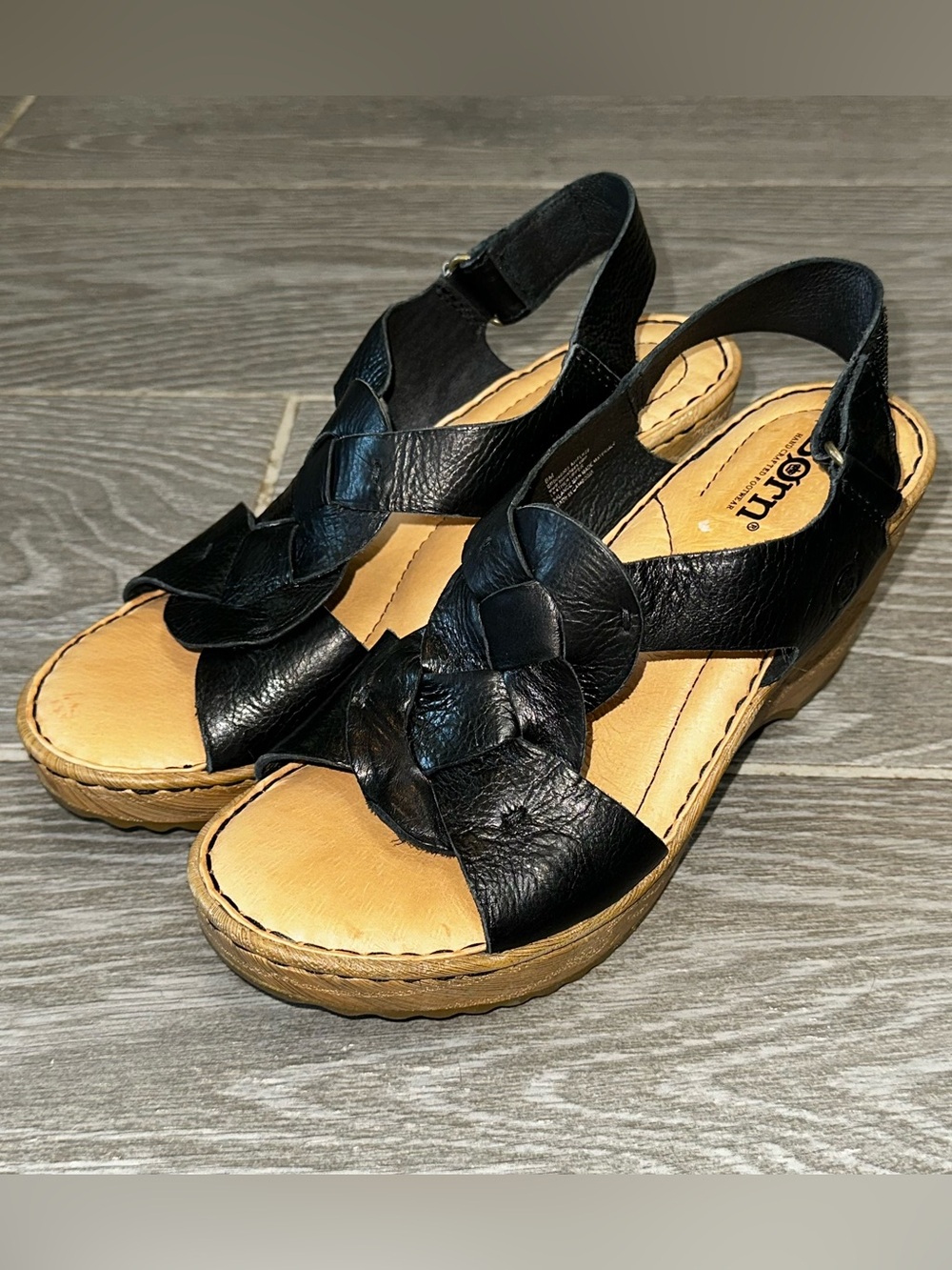 Born Nina Braided Front Wedge Black Leather Women’s 6M Platform Open Toe Sandal